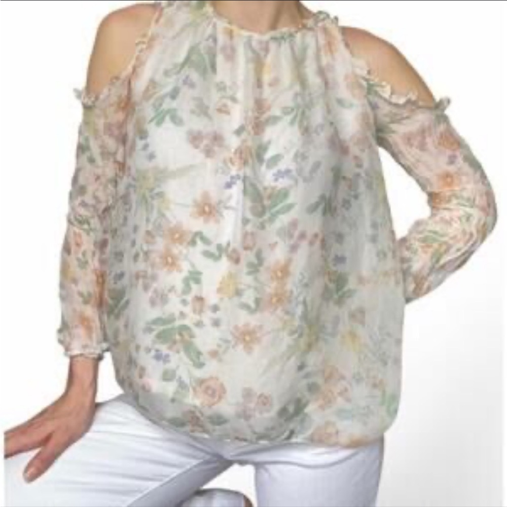 NWT Giusy cold shoulder silk floral ruffle crew neck blouse‎ size Small